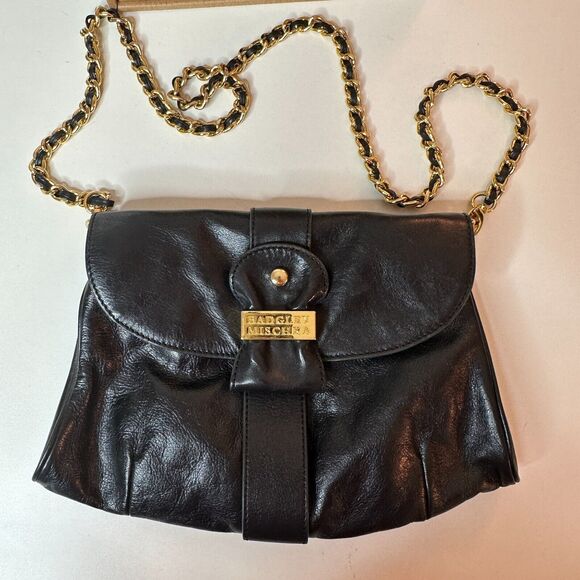 Badgley Mischka Black Leather Purse Detachable Chain Strap - Picture 2 of 16
